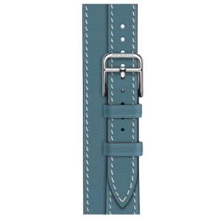 Кожаный ремешок Hermes для Apple Watch Double Tour 42mm Attelage — Голубой (Bleu Jean)